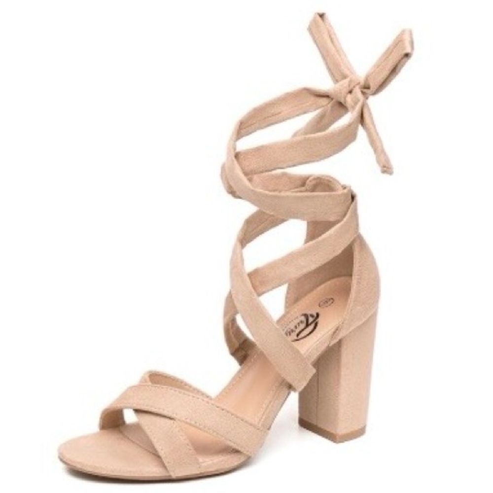 Trary Nude/Pink Lace Up Sandals Strappy Platform Chunky Heel Shoes